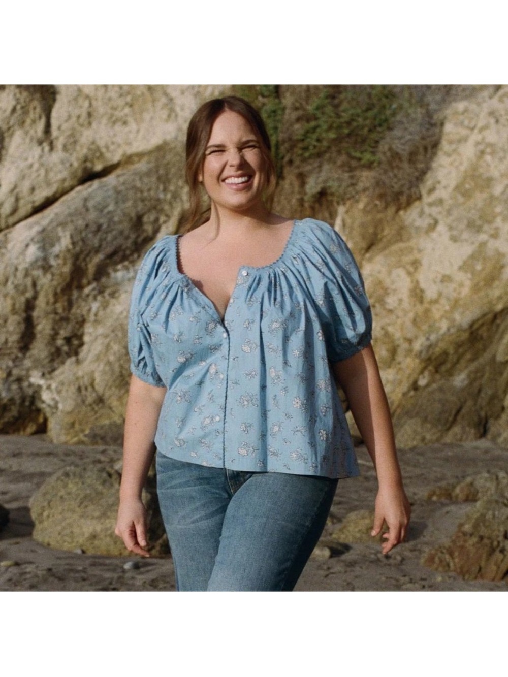 Dôen Tennessee Top Floral Organic Cotton Sky Blue Medium EUC
